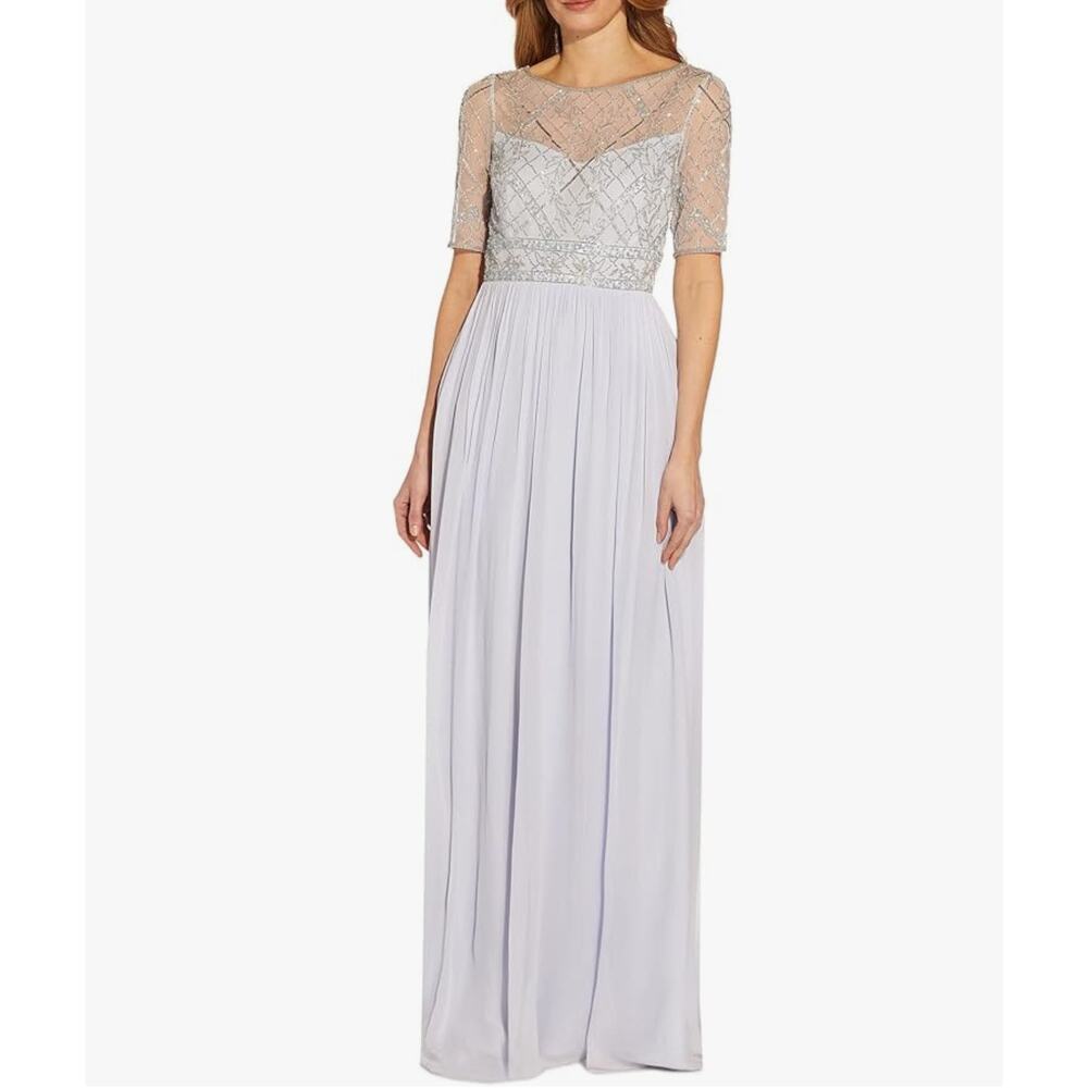 NEW Adrianna Papell Beaded Mesh Chiffon Maxi Gown Color Sernenity Size 4 Formal